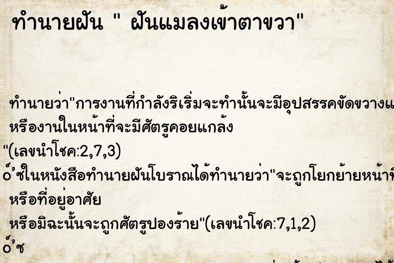 ทำนายฝัน  ฝันแมลงเข้าตาขวา